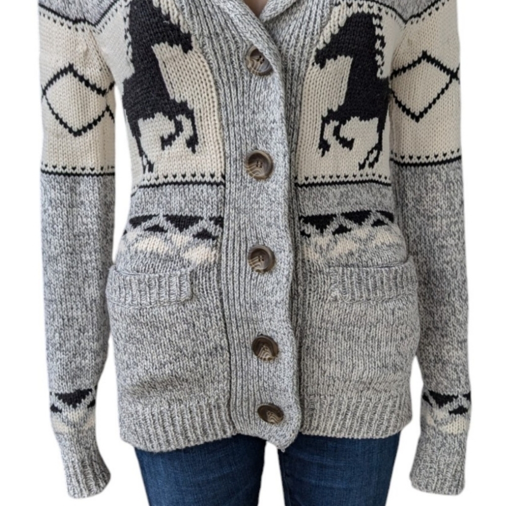 Bluenotes Cowichan Western Aztec Horse Knit Cardigan Shawl Collar XS - Picture 8 of 10
